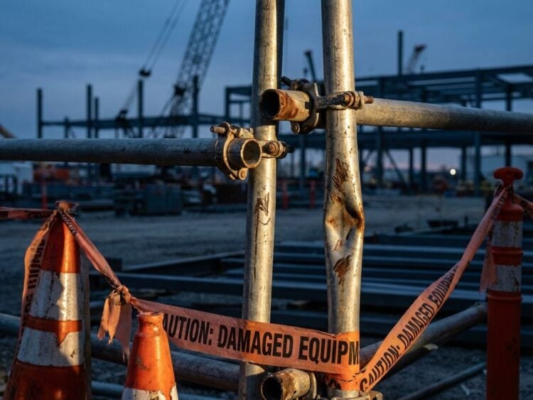 Beschadigde metalen steigers met deuken en gebogen palen op bouwplaats, omringd door oranje veiligheidskegels