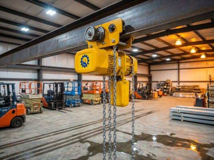 Gele elektrische kettingtakel opgehangen aan stalen balken in moderne industriële magazijn met bouwmachines op achtergrond