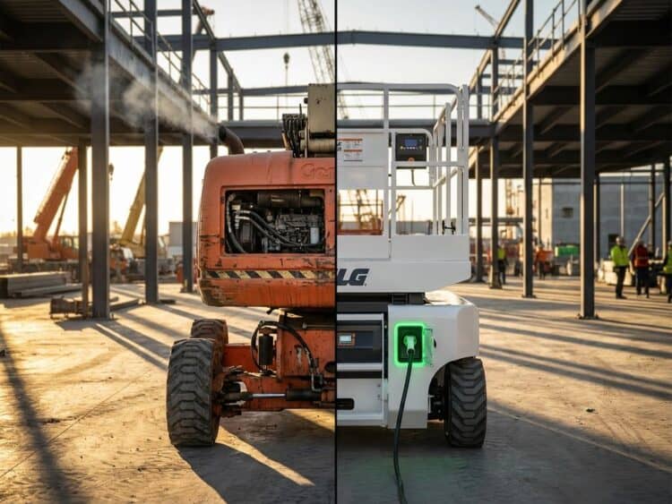 Diesel hoogwerker en elektrische schaarlifttafel naast elkaar op industriële bouwplaats met gouden lichtinval