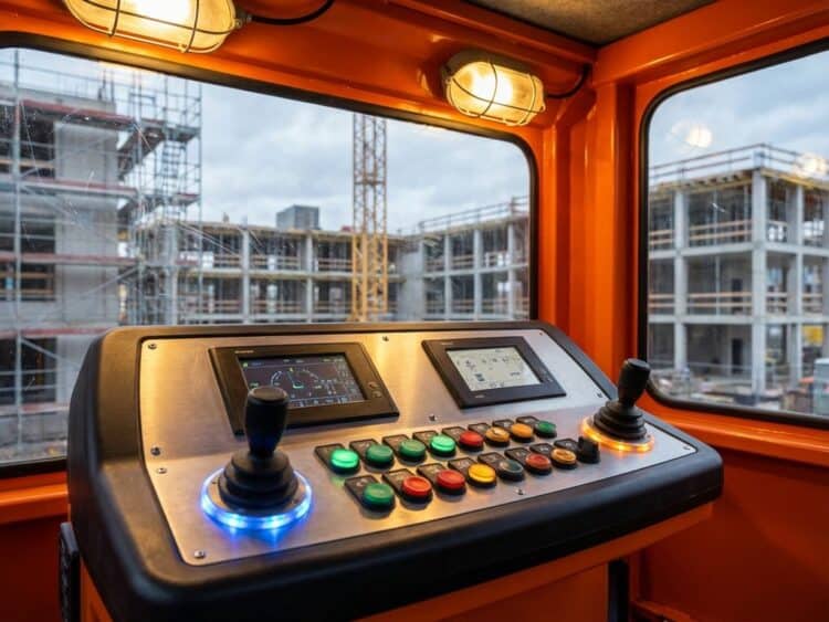 Bedieningspaneel van hoogwerker met verlichte joysticks en knoppen in oranje cabine op bouwplaats