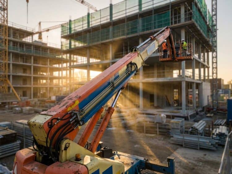 Hoogwerker met uitgeschoven arm en werkbak op bouwplaats, oranje-gele kleuren, gouden uurtje verlichting