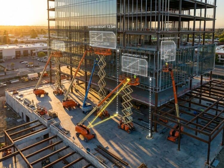 Luchtfoto van bouwplaats met schaarheftrucks en telescoopliften rond modern gebouw in aanbouw tijdens gouden uur