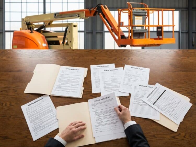 Luchtfoto van huurcontracten en verzekeringspapieren op houten bureau met oranje hoogwerker op achtergrond