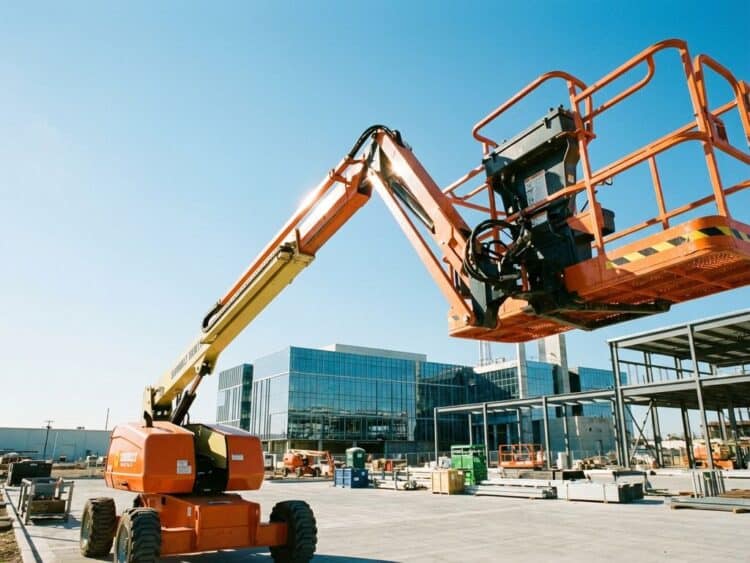 Oranje hydraulische hoogwerker met uitgeschoven giek tegen blauwe hemel op industriële bouwplaats