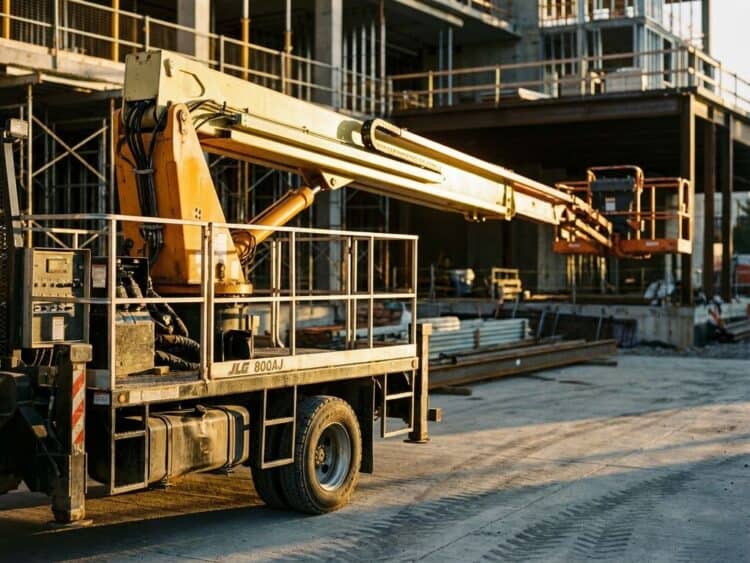 Gele hoogwerker met uitgeschoven hydraulische arm op bouwplaats tijdens gouden uur verlichting