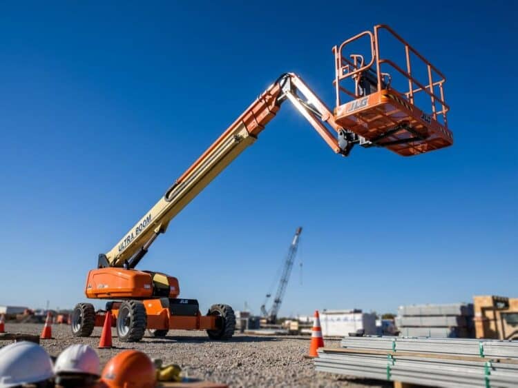Oranje hijsplatform volledig uitgeschoven tegen blauwe hemel op bouwplaats, hydraulische armen en veiligheidsreling zichtbaar