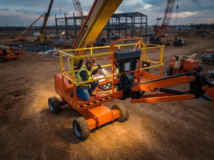 Professionele werker voert veiligheidsinspectie uit op oranje hoogwerker met checklist op bouwplaats