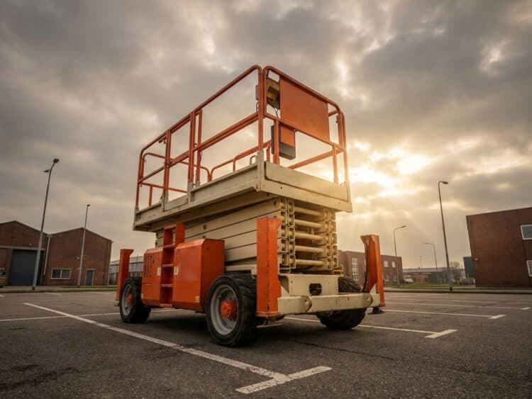 Oranje-witte hoogwerker schaarlift op lege parkeerplaats tegen dramatische zondagochtend hemel met gouden zonlicht