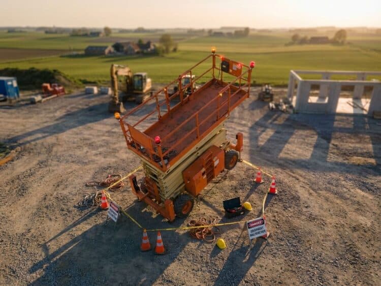 Defecte hoogwerker met waarschuwingslichten op bouwplaats, veiligheidsuitrusting verspreid op grond