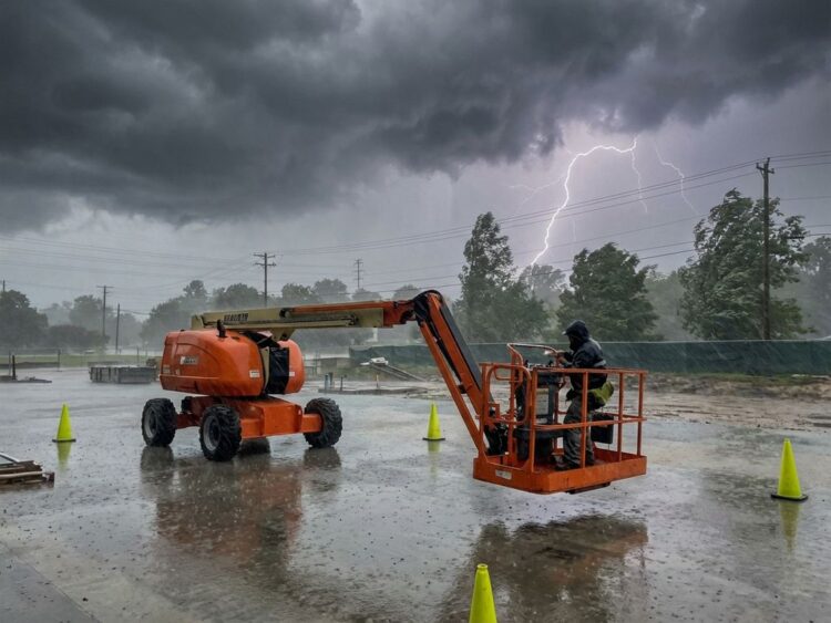 Oranje hoogwerker in storm met donkere wolken, bliksem en regen op industrieterrein met gele veiligheidsuitrusting