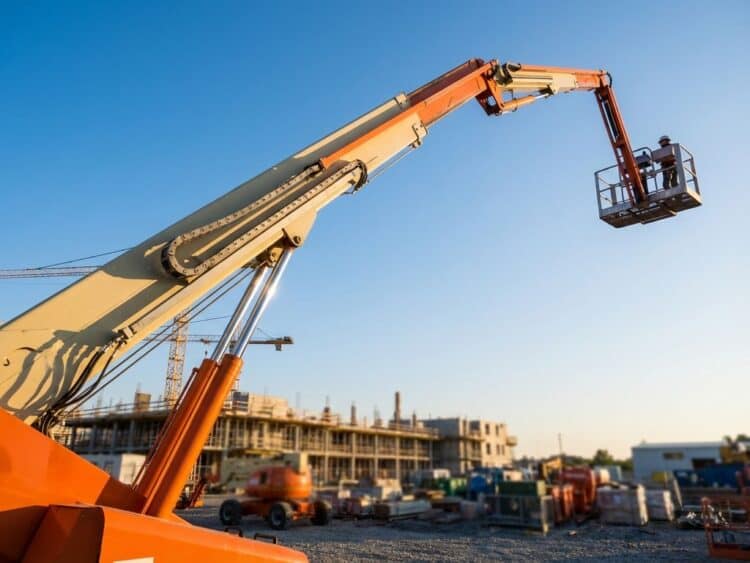 Oranje en witte telescopische hoogwerker volledig uitgeschoven tegen blauwe hemel op bouwplaats