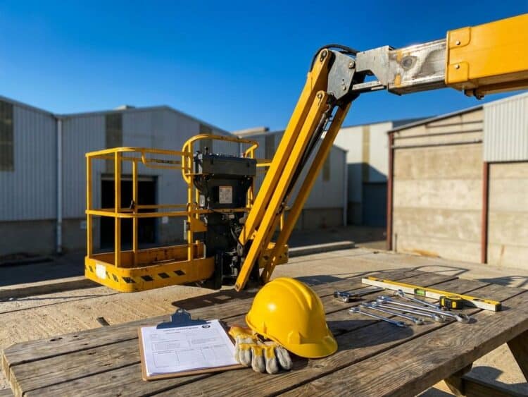 Gele hoogwerker met uitgeschoven arm tegen blauwe hemel, veiligheidshelm en certificaten op voorgrond bij industriële locatie