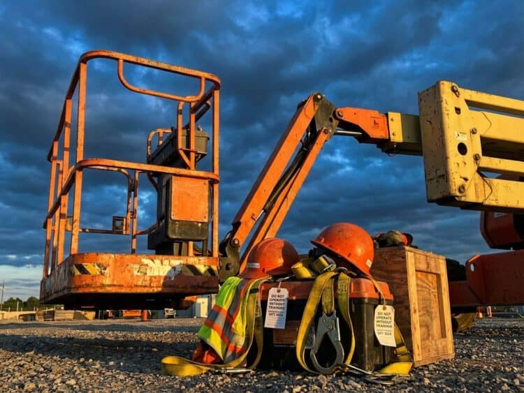 Luchtwerklift met veiligheidsuitrusting en helmen tegen dramatische hemel, industriële oranje kleuren benadrukken betrouwbaarheid