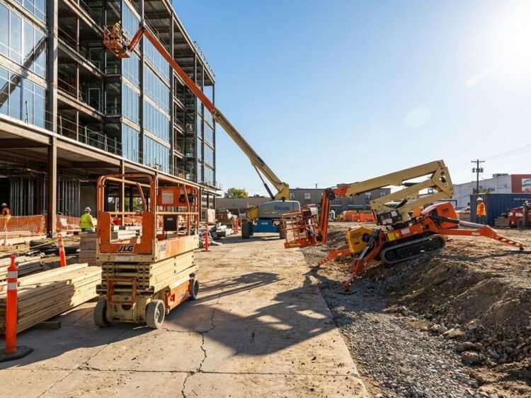 Verschillende luchtwerkers op bouwplaats: schaarliften, hoogwerkers en spinliften op beton en oneffen terrein