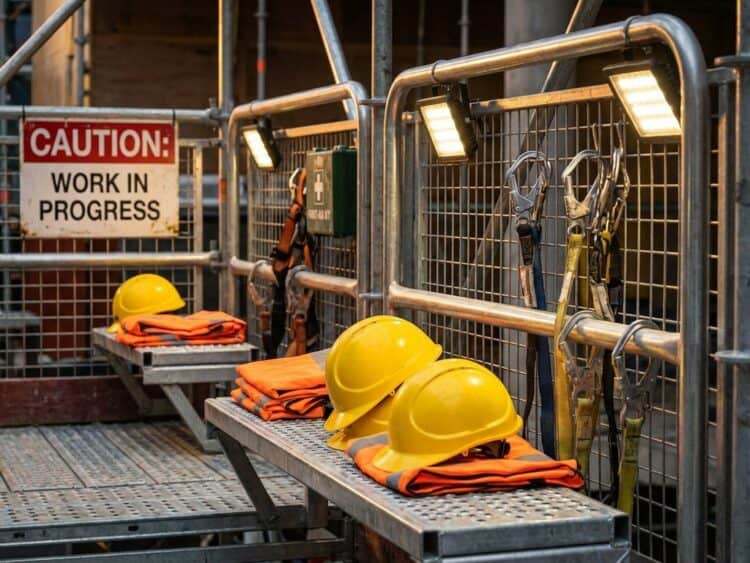 Industriële steigers met gele veiligheidshelmen, oranje hesjes en veiligheidsharnassen op metalen platforms