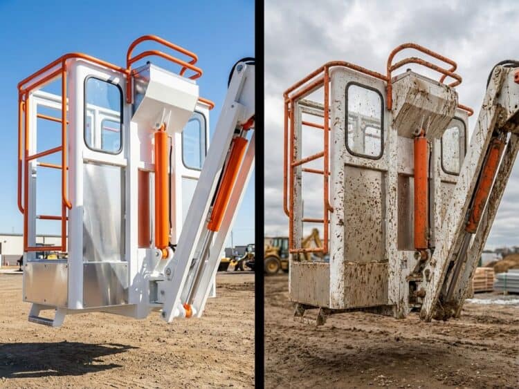 Schone en vuile hoogwerker zij aan zij op bouwplaats, contrast tussen onderhouden en verwaarloosde industriële apparatuur