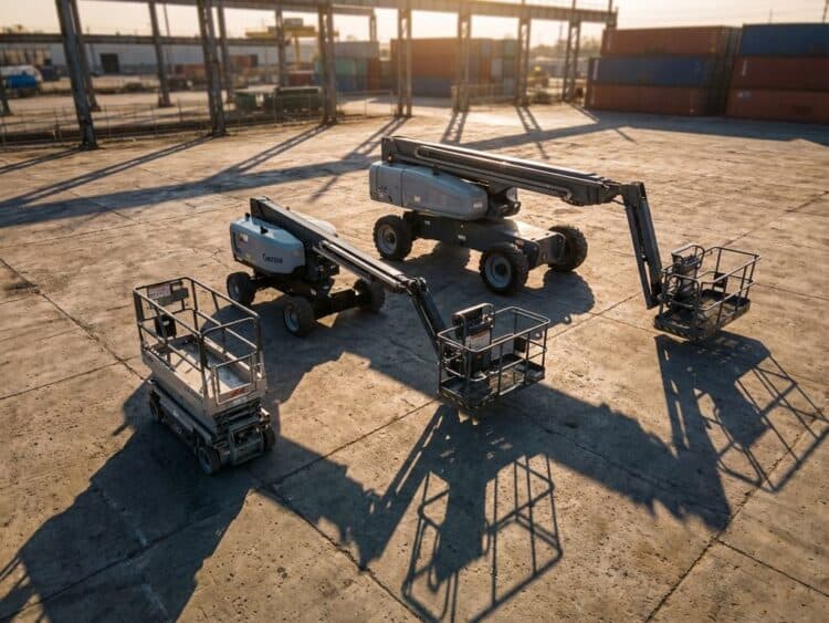 Luchtfoto van drie verschillende hoogwerkers op industriële betonvloer, van compacte schaar- tot zware knikarmheftruck