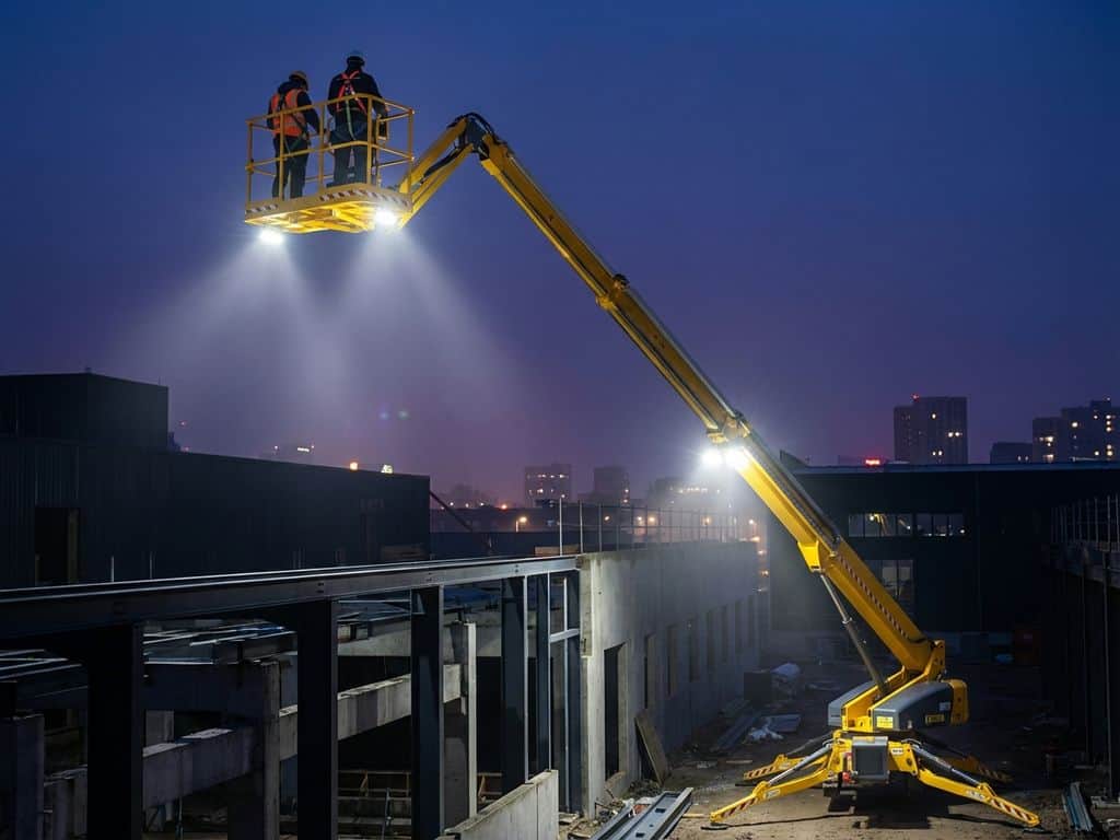 Gele hoogwerker met LED-verlichting tijdens nachtelijke werkzaamheden tegen donkere hemel met stadsverlichting