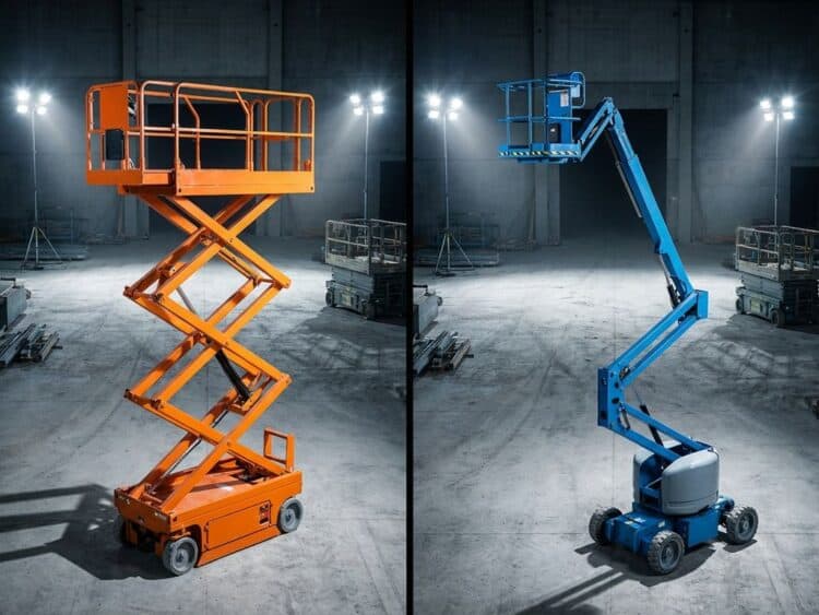 Oranje schaarliften en blauwe hoogwerker met gelede arm naast elkaar op bouwplaats voor vergelijking