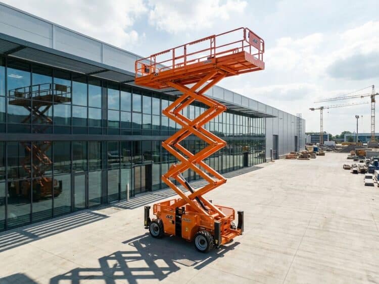 Oranje schaarlift volledig uitgeschoven tegen industrieel gebouw met bouwplaats op achtergrond