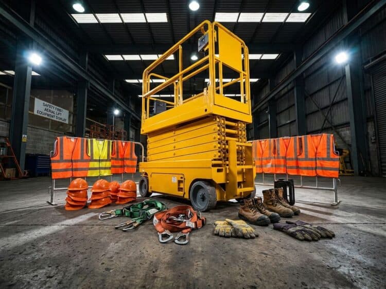 Gele schaarlift omringd door veiligheidsequipment inclusief helmen, vesten, harnassen en laarzen op betonvloer