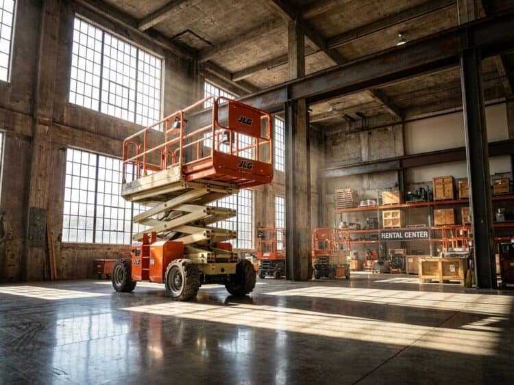 Oranje schaarlift in industriële magazijnruimte met hoge betonnen plafonds en natuurlijk licht door grote ramen