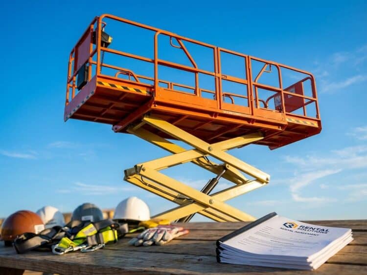 Oranje scissorlift met uitgeschoven hydraulische armen tegen blauwe hemel, omringd door veiligheidsuitrusting en bouwhulpmiddelen