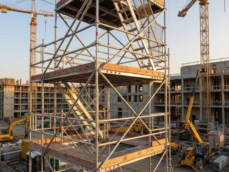 Moderne aluminium steigers op bouwplaats met gele machines en kranen bij gouden uur licht