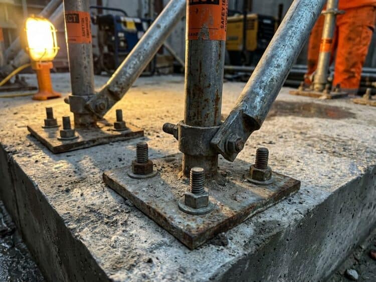 Metalen steigerbuizen verankerd in betonnen fundering met stalen voetplaten en ankerbouten, close-up van constructieverbinding