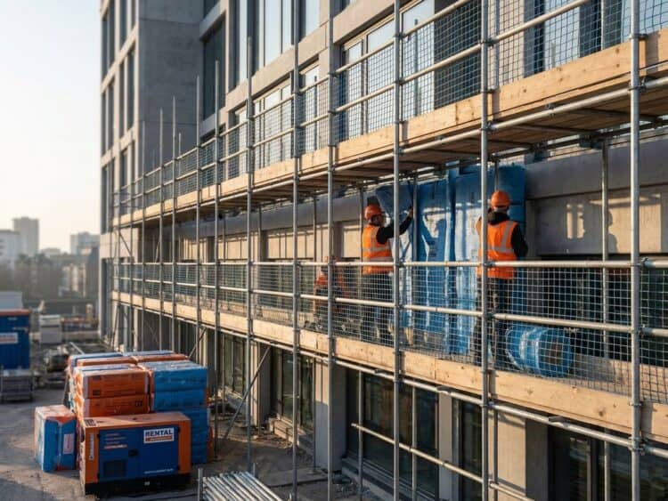 Steigerwerk tegen modern gebouw met bouwvakkers in oranje hesjes die isolatiewerkzaamheden voorbereiden