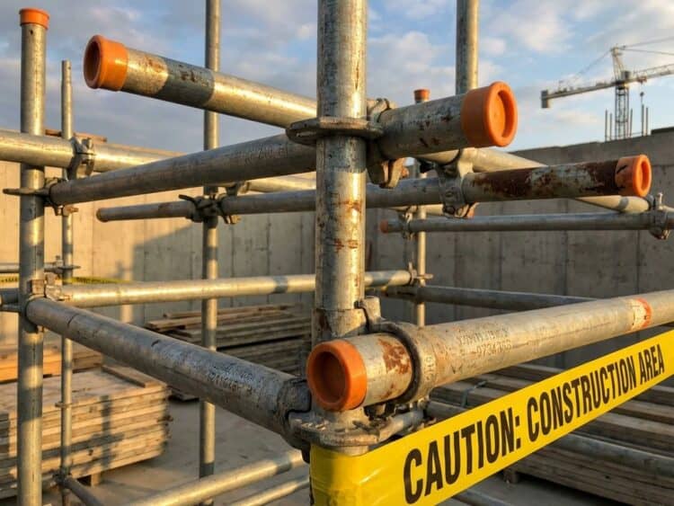 Moderne metalen steigerbuizen en klemmen met oranje veiligheidselementen op bouwplaats, close-up detail