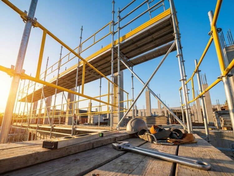 Gedeeltelijk gemonteerde metalen steiger met gele veiligheidsrails en gereedschap op bouwplaats