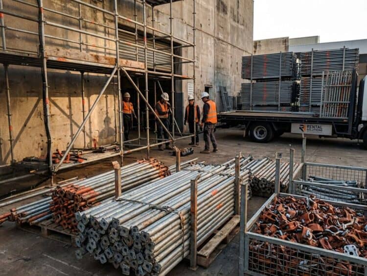 Industriële steigers worden systematisch gedemonteerd op bouwplaats met georganiseerde metalen onderdelen en huurvrachtwagen