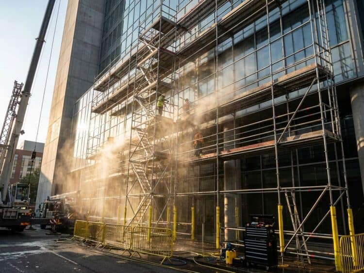 Hoge metalen steiger tegen moderne gebouwgevel tijdens professionele gevelreiniging met waterstralen en zonlicht
