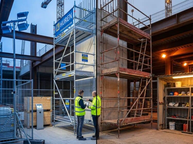 Vergelijking van nieuw huursteigers met verhuurlabels tegenover gebruikt eigendomssteigers op bouwplaats