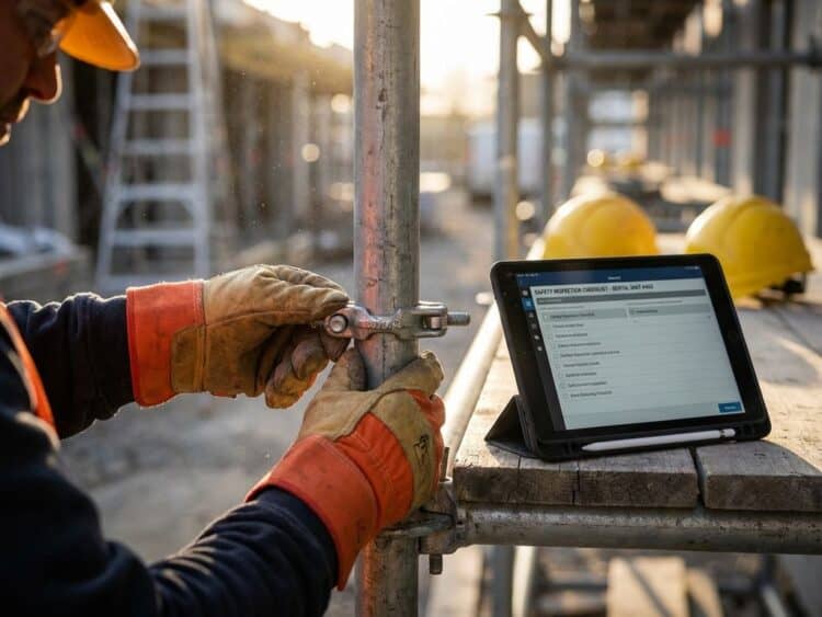 Professionele inspectie van steigerbuizen en koppelingen met veiligheidshandschoenen en digitale kwaliteitscontrole