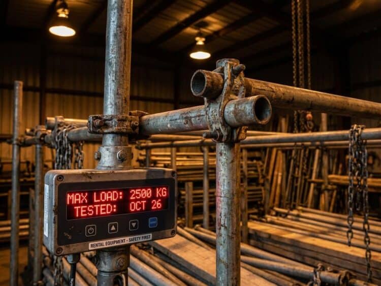 Digitale weegschaal toont maximumcapaciteit voor industriële steigerbuizen en klemmen van staal in constructielocatie