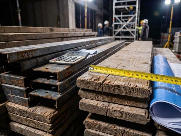 Houten steigerplanken in rijen gestapeld met meetlint, rekenmachine en blauwdruk op bouwplaats