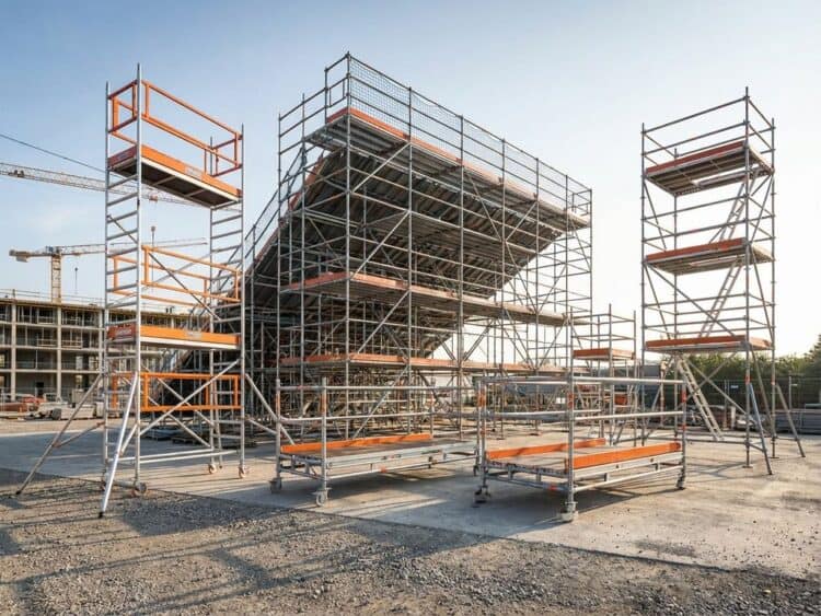 Verschillende soorten bouwsteigers op bouwplaats: mobiele aluminium torens, stalen buissteiger en modulaire frames