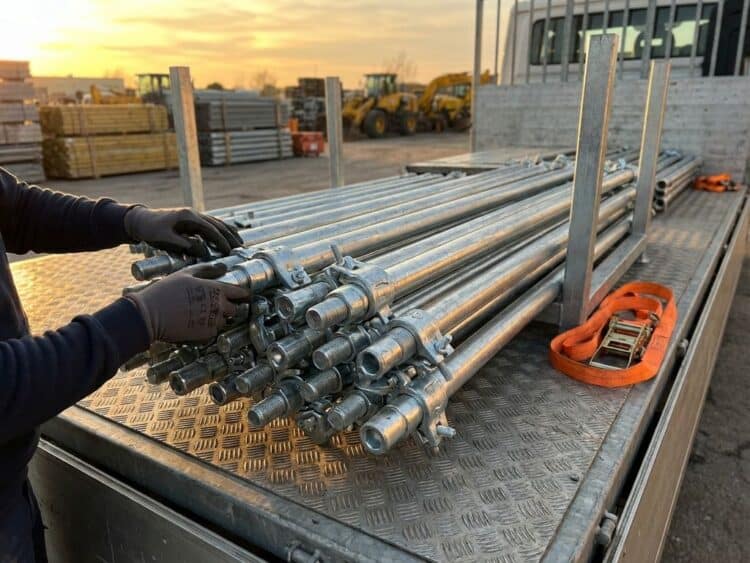 Metalen steigerbuizen en klemmen worden geladen op professionele transportvrachtwagen in bouwplaats