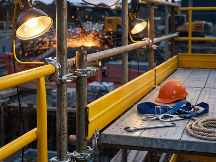 Professionele steigeruitrusting met chromen veiligheidsklemmen, gele barrières, helm en veiligheidsharnas op bouwplaats