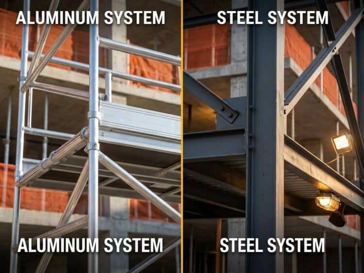 Vergelijking van zilverkleurige aluminium en donkergrijze stalen steigersystemen op bouwplaats