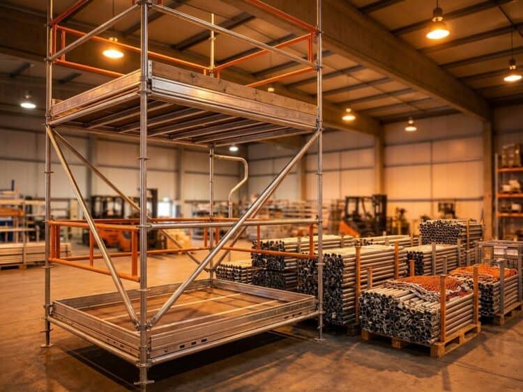 Industriële steigermateriaal in professionele magazijn met metalen buizen en platforms voor verhuur
