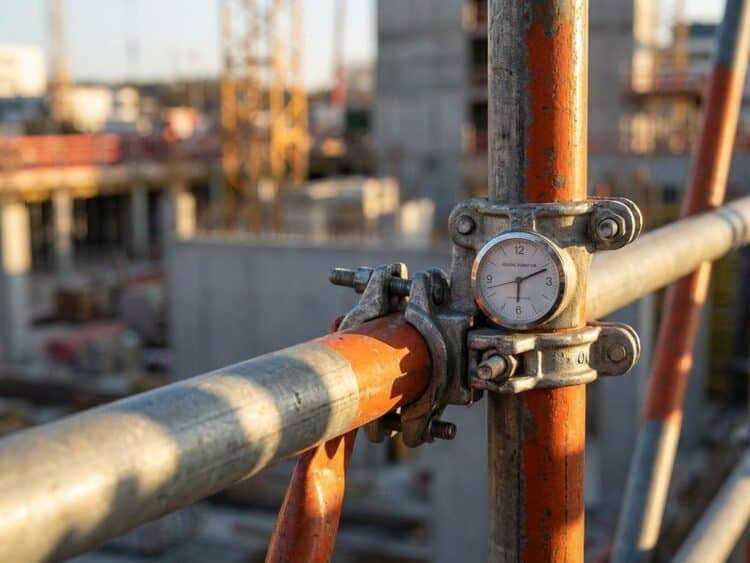 Robuuste metalen steigerbuizen en klemmen in close-up met bouwplaats op achtergrond, dramatische schaduwen