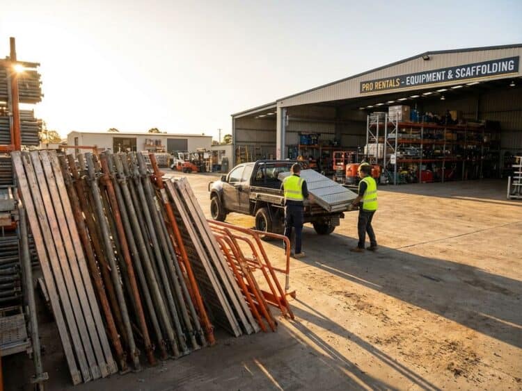 Industriële steigermaterialen worden geladen in pick-up truck bij professionele verhuurwerf tijdens gouden uur
