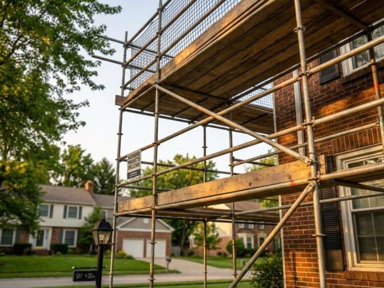 Professioneel steigerwerk met stalen buizen en houten planken voor woonhuizen, beschikbaar in weekenden