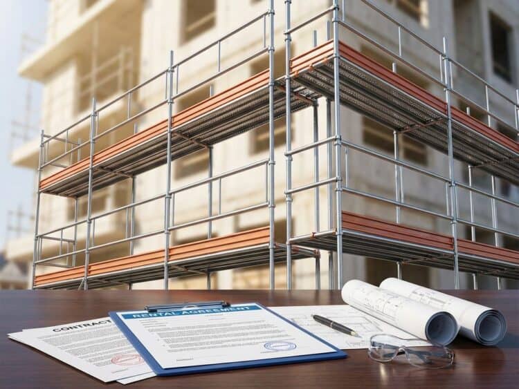 Professionele bouwsteigers met huurcontracten en certificeringspapieren op houten bureau, constructiesite achtergrond