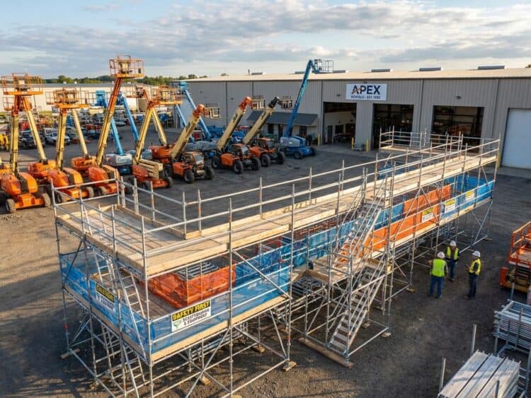 Professionele steigerframes en bouwmachines in georganiseerde verhuurwerf met industriële veiligheidsaccenten