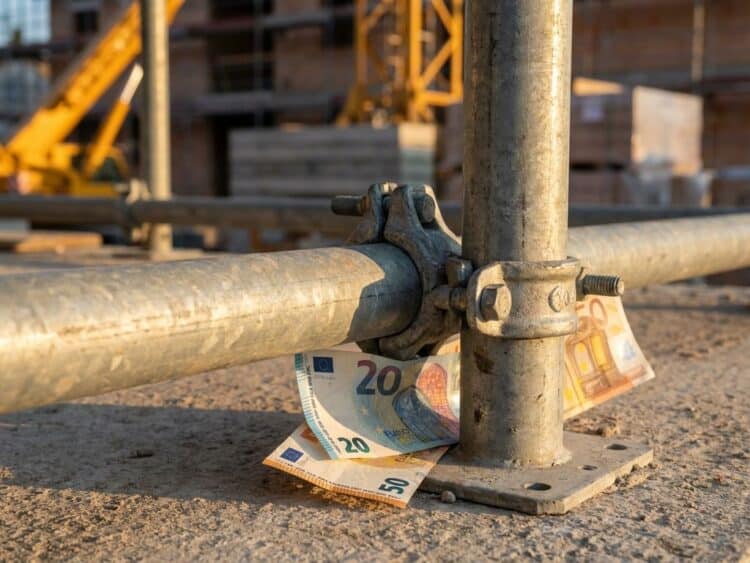 Industriële steigerbuizen en klemmen in close-up met dramatische belichting en euro bankbiljetten op bouwplaats