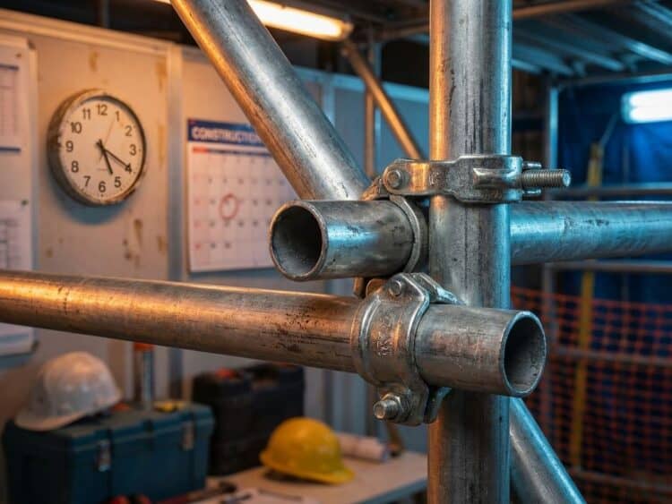 Industriële metalen steigerbuizen en klemmen met dramatische verlichting, klok op achtergrond suggereert planning